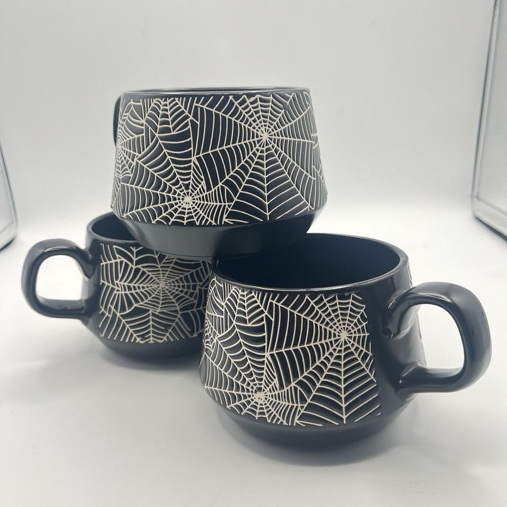 COCO + LOLA Halloween Spiderweb Set of 3  Coffee Mugs Black Cups Mug